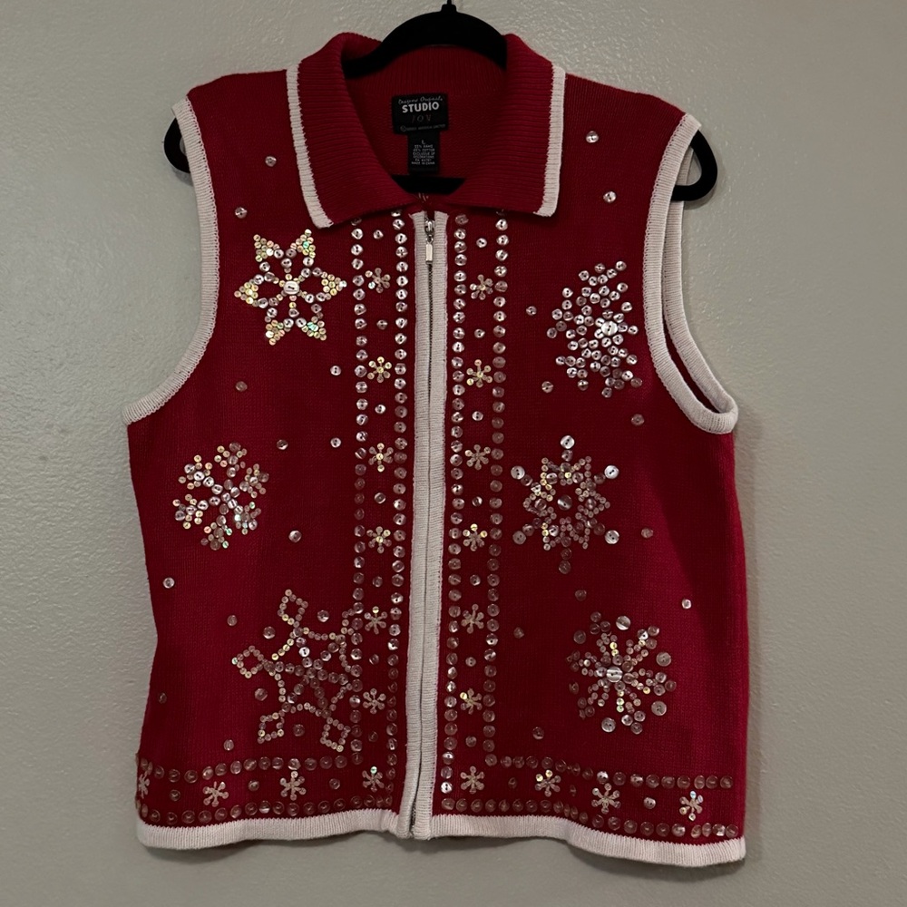 ❄️ VINTAGE  Sequin Snowflake Christmas Sweater Vest L